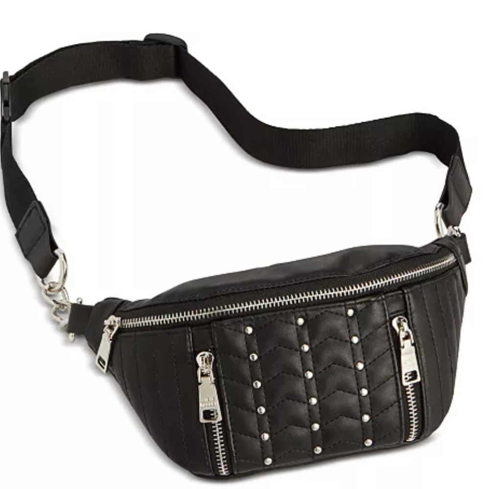 Steve Madden Studded Black Quilted Faux Leather Belt Bag with Silver Hardware